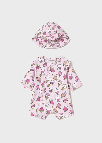 Mayoral 2pc Baby Girl Pink Bird/ Ice Cream Print Swimsuit Romper & Sun Hat Set