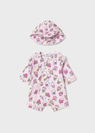 Mayoral 2pc Baby Girl Pink Bird/ Ice Cream Print Swimsuit Romper & Sun Hat Set