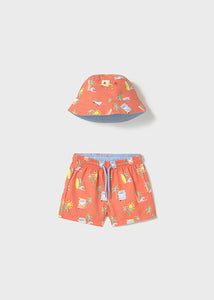Mayoral 2pc Baby - Toddler Boy Orange Beach Van Swim Shorts & Bucket Hat Set