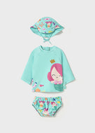 Mayoral 3pc Baby Girl Aqua Mermaid Print Rashguard, Diaper Cover & Sun Hat Set