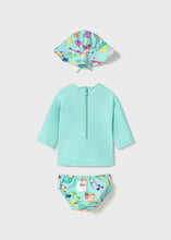 Afbeelding in Gallery-weergave laden, Mayoral 3pc Baby Girl Aqua Mermaid Print Rashguard, Diaper Cover &amp; Sun Hat Set
