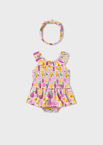 Mayoral 3pc Baby Girl Pink Fruit Top, Skort & Headwrap Set
