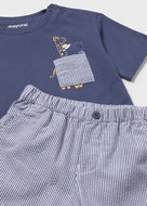 Mayoral 2pc Toddler Boy Navy Hippo-Giraffe Tee & Blue Striped Shorts Set