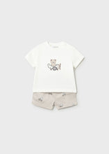 Load image into Gallery viewer, Mayoral 2pc Baby Boy White, Embroided Bear Print Tee And Striped Brown Bear Shorts Set
