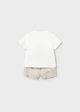 Load image into Gallery viewer, Mayoral 2pc Baby Boy White, Embroided Bear Print Tee And Striped Brown Bear Shorts Set
