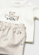 Load image into Gallery viewer, Mayoral 2pc Baby Boy White, Embroided Bear Print Tee And Striped Brown Bear Shorts Set
