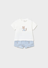Load image into Gallery viewer, Mayoral 2pc Baby Boy White, Embroidered Bear Print Tee And Striped Blue Bear Shorts Set
