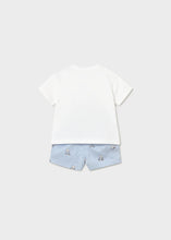 Load image into Gallery viewer, Mayoral 2pc Baby Boy White, Embroidered Bear Print Tee And Striped Blue Bear Shorts Set
