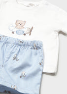 Mayoral 2pc Baby Boy White, Embroidered Bear Print Tee And Striped Blue Bear Shorts Set