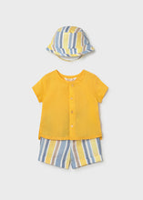 Afbeelding in Gallery-weergave laden, Mayoral 3pc Baby Boy Yellow Top, Striped Shorts and Bucket Hat Set
