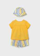 Afbeelding in Gallery-weergave laden, Mayoral 3pc Baby Boy Yellow Top, Striped Shorts and Bucket Hat Set
