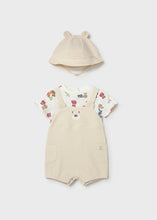 Cargar imagen en el visor de la galería, Mayoral 3pc Baby Boy Teddy Bear Top, Ivory Overall &amp; Hat Set
