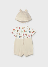 Cargar imagen en el visor de la galería, Mayoral 3pc Baby Boy Teddy Bear Top, Ivory Overall &amp; Hat Set

