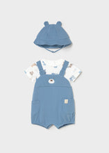 Cargar imagen en el visor de la galería, Mayoral 3pc Baby Boy Teddy Bear Top, Blue Overall &amp; Hat Set
