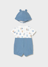 Cargar imagen en el visor de la galería, Mayoral 3pc Baby Boy Teddy Bear Top, Blue Overall &amp; Hat Set
