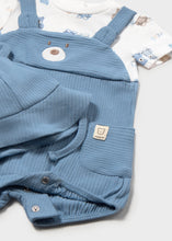 Cargar imagen en el visor de la galería, Mayoral 3pc Baby Boy Teddy Bear Top, Blue Overall &amp; Hat Set
