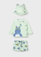 Mayoral 3pc Baby Boy Green Hippo Print Long-Sleeve Swim Top, Shorts & Hat Set