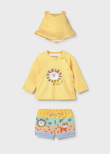 Load image into Gallery viewer, Mayoral 3pc Baby Boy Yellow Lion Print Long-Sleeve Swim Top, Shorts &amp; Hat Set
