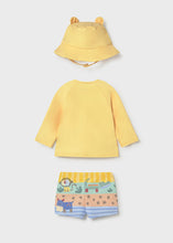 Load image into Gallery viewer, Mayoral 3pc Baby Boy Yellow Lion Print Long-Sleeve Swim Top, Shorts &amp; Hat Set
