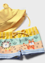 Load image into Gallery viewer, Mayoral 3pc Baby Boy Yellow Lion Print Long-Sleeve Swim Top, Shorts &amp; Hat Set
