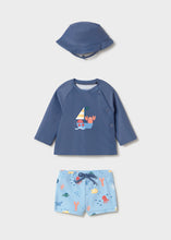Cargar imagen en el visor de la galería, Mayoral 3pc Baby Boy Sailboat Long-Sleeve Swim Top, Shorts &amp; Hat Set
