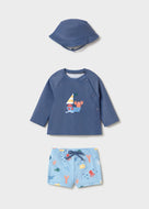 Mayoral 3pc Baby Boy Sailboat Long-Sleeve Swim Top, Shorts & Hat Set