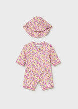 Load image into Gallery viewer, Mayoral 2pc Baby Girl Pink Floral Long-Sleeve Swimsuit with Hat Set
