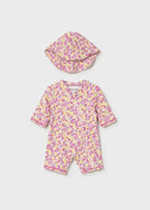 Mayoral 2pc Baby Girl Pink Floral Long-Sleeve Swimsuit with Hat Set