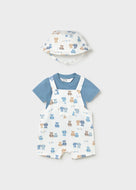 Mayoral 3pc Baby Boy Blue Top, Teddy Bear Print Overall & Hat Set