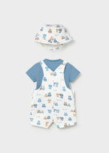 Cargar imagen en el visor de la galería, Mayoral 3pc Baby Boy Blue Top, Teddy Bear Print Overall &amp; Hat Set
