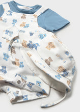 Cargar imagen en el visor de la galería, Mayoral 3pc Baby Boy Blue Top, Teddy Bear Print Overall &amp; Hat Set
