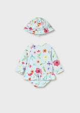 Load image into Gallery viewer, Mayoral 2pc Baby Girl Blue Floral Long-Sleeve Swimsuit &amp; Hat Set

