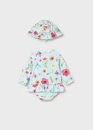 Mayoral 2pc Baby Girl Blue Floral Long-Sleeve Swimsuit & Hat Set