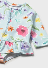 Load image into Gallery viewer, Mayoral 2pc Baby Girl Blue Floral Long-Sleeve Swimsuit &amp; Hat Set

