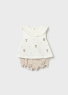 Mayoral 2pc Baby Girl Brown White Embroidered Teddy Tee & Light Brown Shorts Set