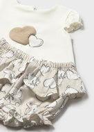 Mayoral 2pc Baby Girl White w. Brown Hearts Print Tee & Teddy Print Shorts Set