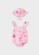 Mayoral 2pc Pink Floral Sleeveless Swimsuit & Hat Set