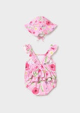 Load image into Gallery viewer, Mayoral 2pc Pink Floral Sleeveless Swimsuit &amp; Hat Set
