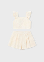 Cargar imagen en el visor de la galería, Mayoral 2pc Kid Girl Natural Embroidered Flower Crop Top &amp; Short Set
