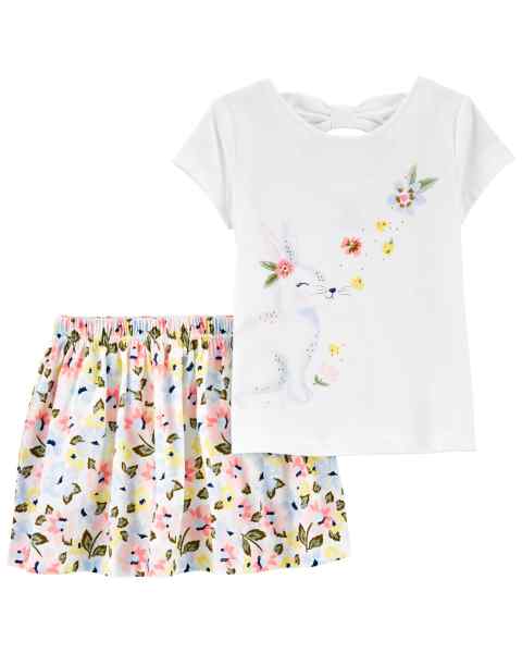 Carter's 2pc Toddler Girl White Rabbit Tee & Floral Skirt Set