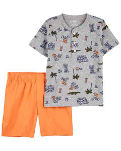 Carter's 2pc Toddler Boy Grey Henley Beach Tee and Orange Pull-Up Short