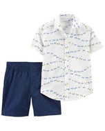 Carter's 2 peças Toddler Boy White Cars Camisa com botão frontal e short azul marinho