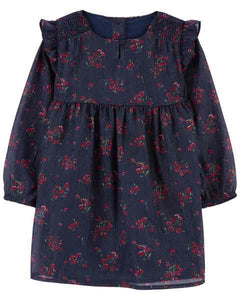 OshKosh Toddler Girl Chiffon Red Floral Navy Shimmer Babydoll Dress