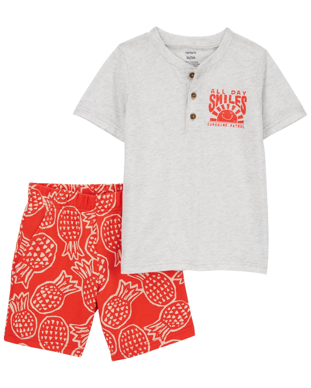 Carter's 2pc Baby Boy Grey Smiles  Tee and Orange Pineapple Shorts Set