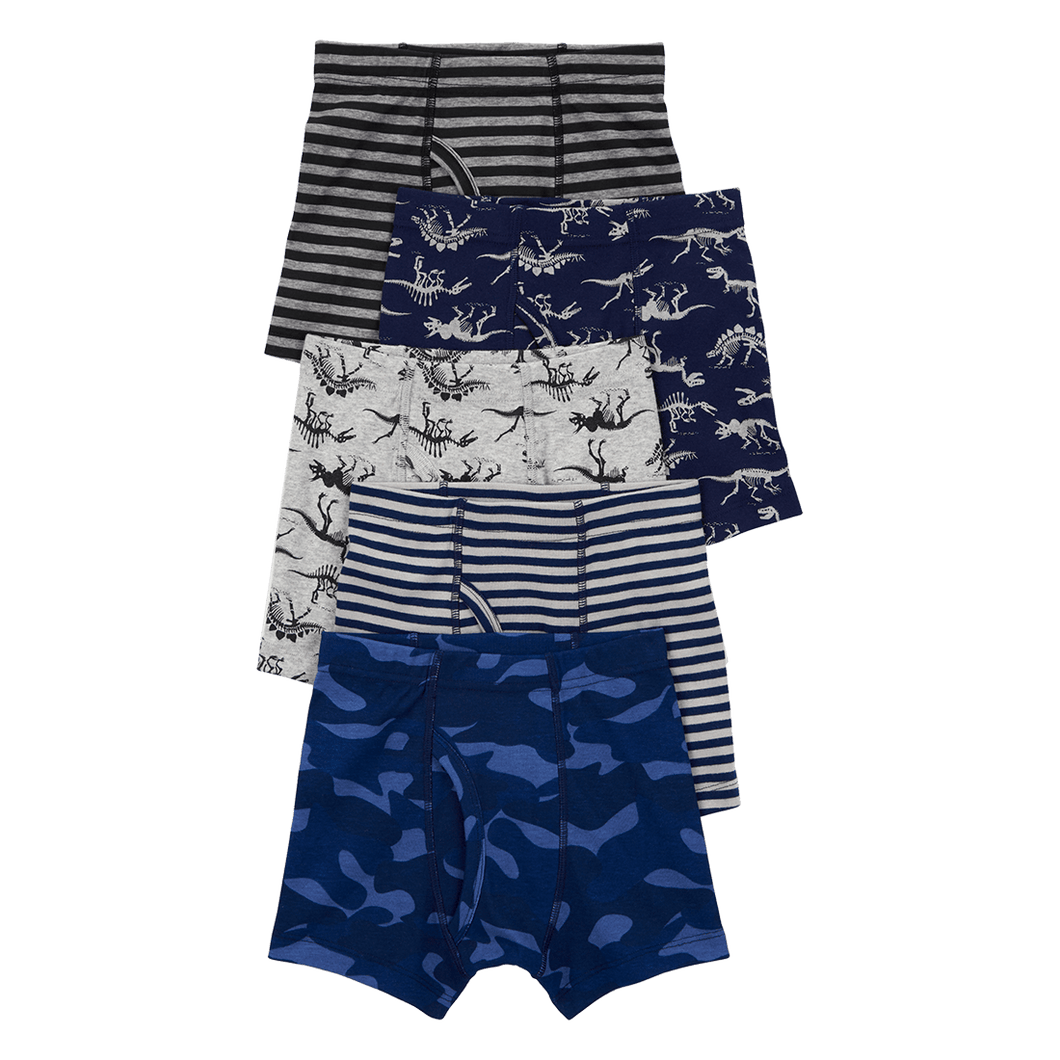 Carter's 5pc Kid Boy Navy, Grey Dino Striped Cotton Boxer Briefs (NEW CODE)
