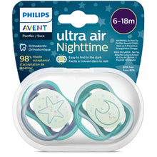 Afbeelding in Gallery-weergave laden, Avent 2-Pack Boys Ultra Air Night Pacifiers (6-18M | Star/Moon)
