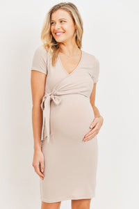 Hello Miz Floral Solid Terry Maternity Nursing Wrap Dress - Taupe