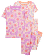 Carter's 4pc Kid Girl Pink/ Purple Flowers Snug Fit Cotton Pajama Set