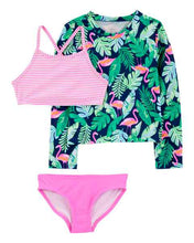 Load image into Gallery viewer, Carter&#39;s 3pc Kid Girl Flamingo Rashguard &amp; Bikini Swimsuit
