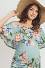 Load image into Gallery viewer, Hello Miz Floral Off Shoulder Ruffle Maternity Dress - Sage
